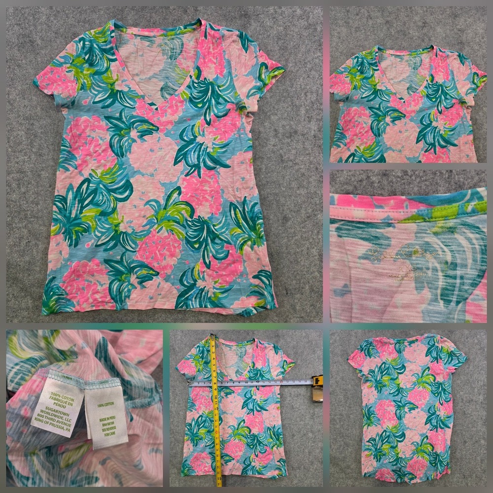 Lilly Pulitzer T Shirt Womens XS Multicolor Tropical Floral V Neck Cotton Tee